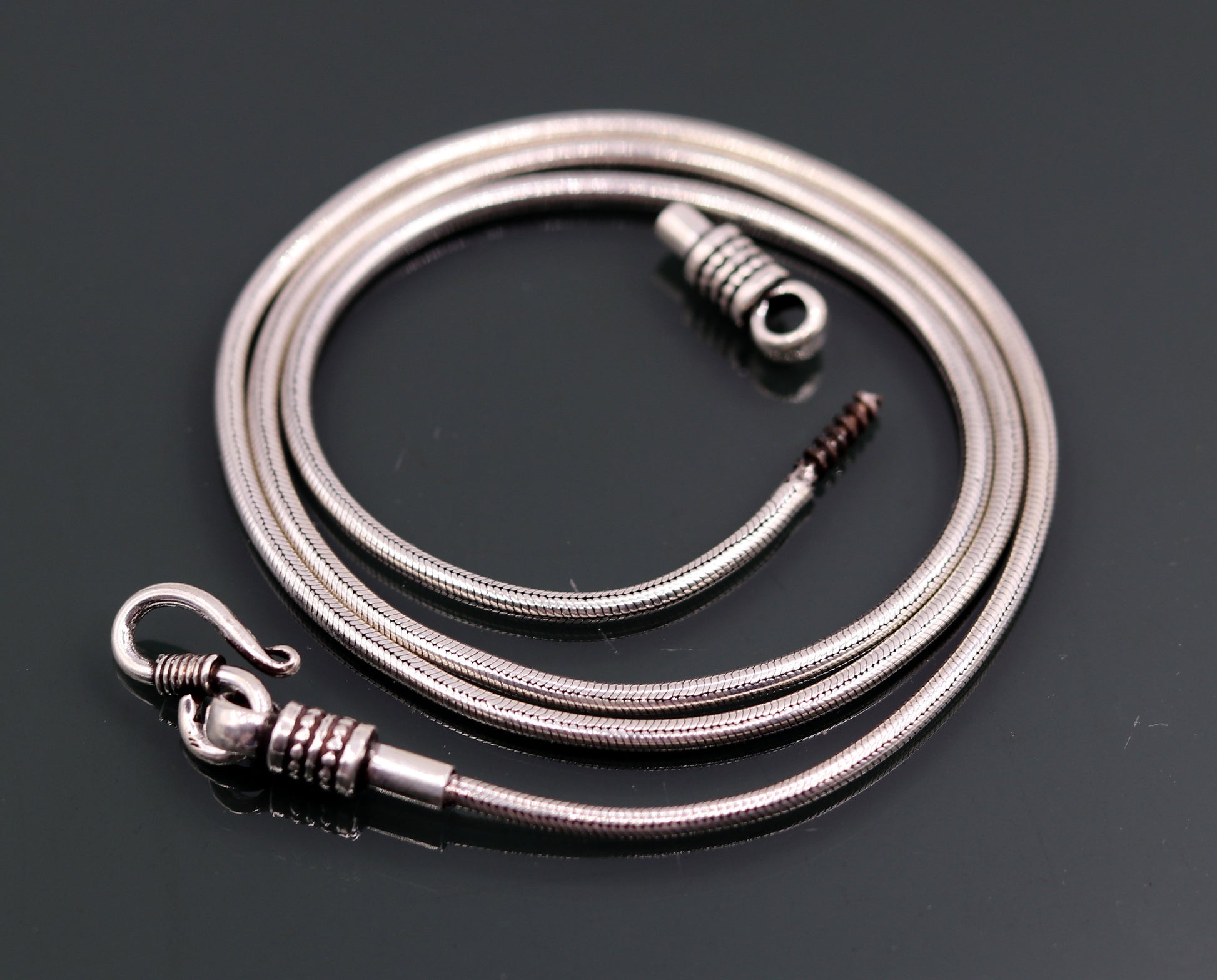 28-inch sterling silver snake chain necklace with vintage screw design, oxidized solid silver pendant chain by TRIBAL ORNAMENTS