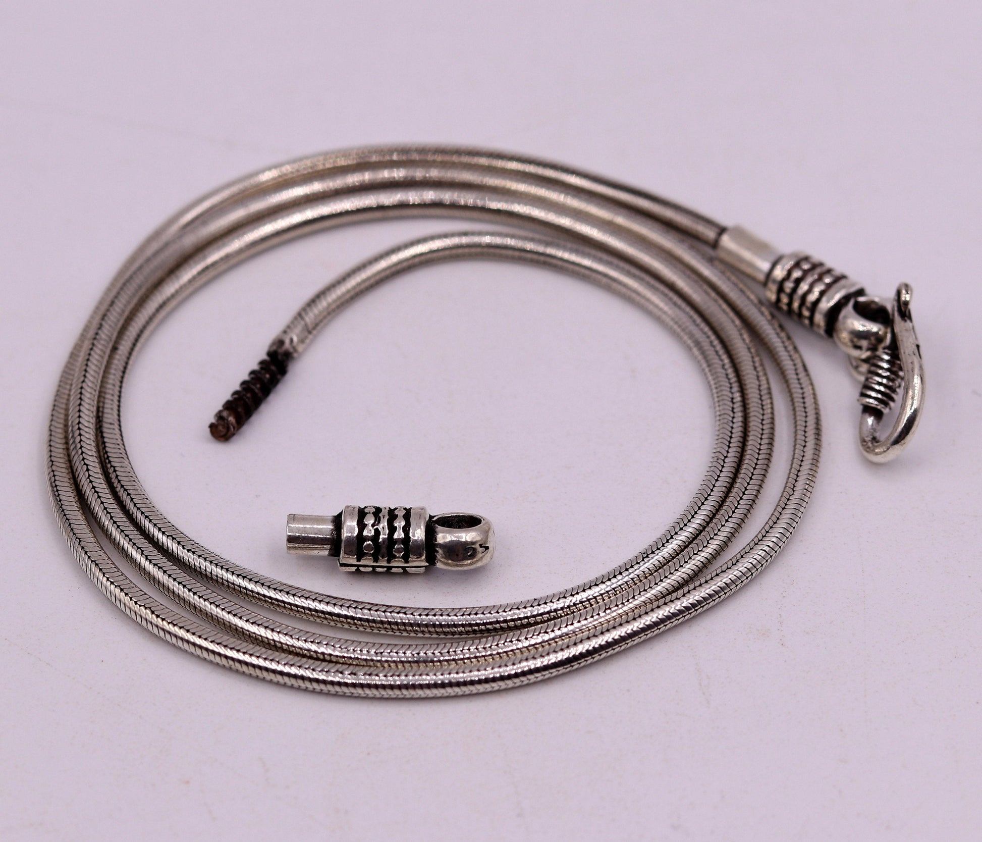 28-inch sterling silver snake chain necklace with vintage screw design, oxidized finish, suitable for pendants, by TRIBAL ORNAMENTS.