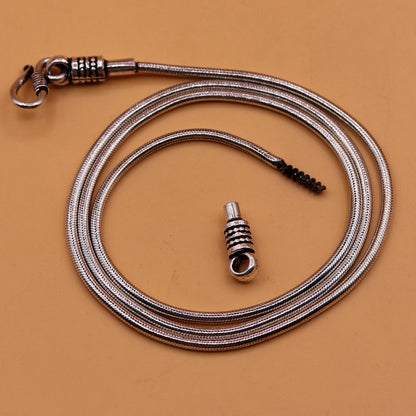 28-inch sterling silver snake chain necklace by TRIBAL ORNAMENTS with vintage screw design and oxidized finish for pendants