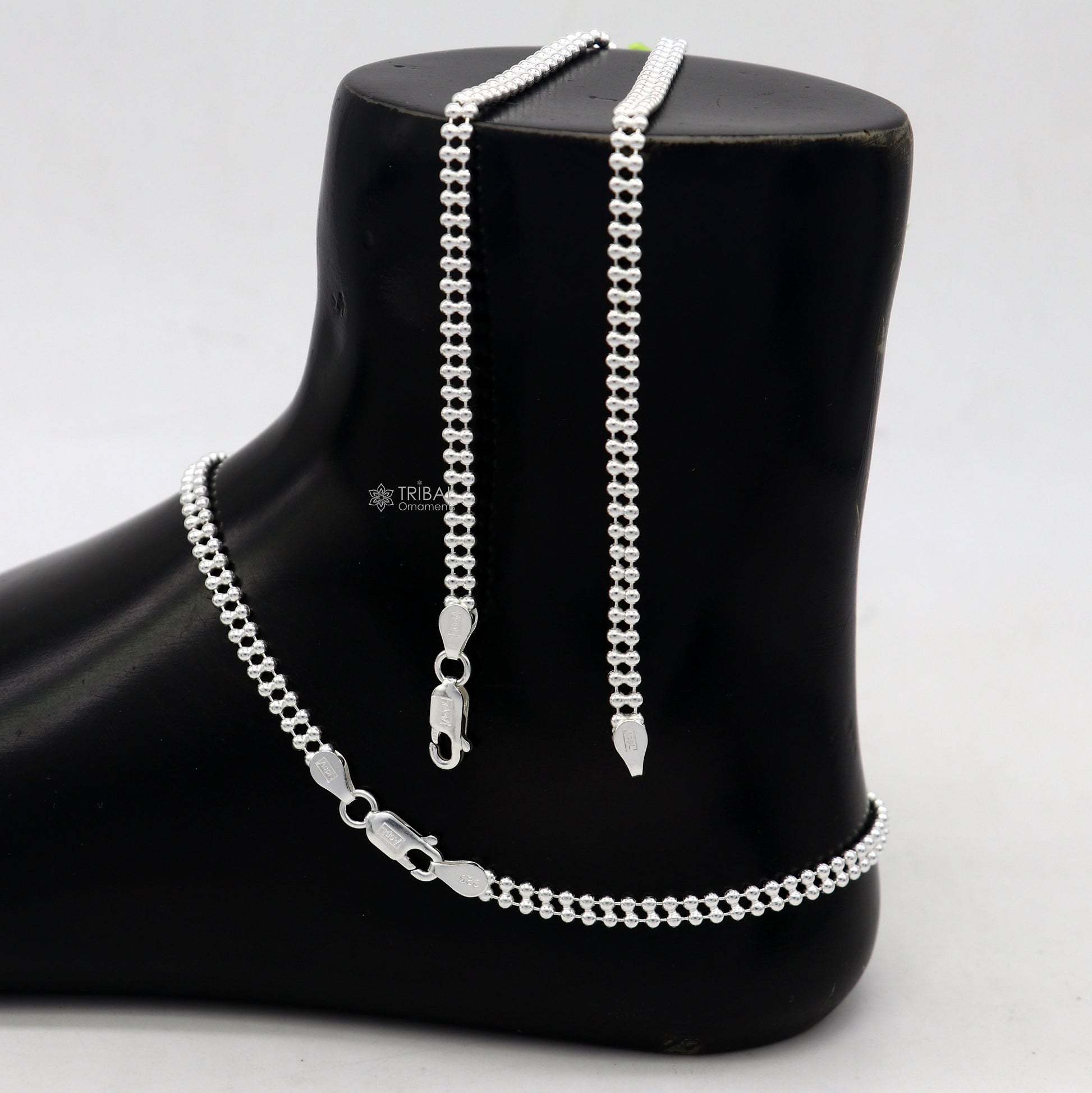 2mm 10.5" 925 sterling silver Double beaded/ball chain anklet bracelet light weight delicate anklets belly dance silver jewelry ank612 - TRIBAL ORNAMENTS