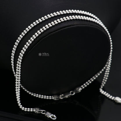 Sterling silver 2mm double beaded anklet bracelet with delicate design, lightweight belly dance silver jewelry from TRIBAL ORNAMENTS.