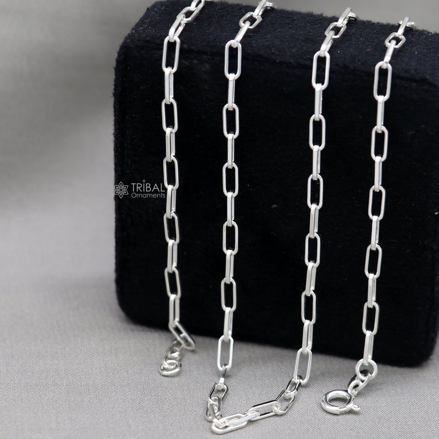 Sterling silver 18-inch paperclip chain necklace by Tribal Ornaments, stylish handmade jewelry with a fancy design, ideal for gifting.
