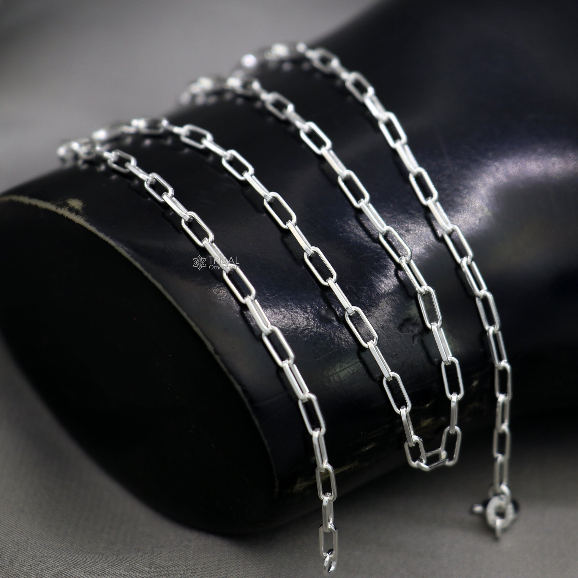 Sterling silver 18-inch fancy paperclip chain necklace by Tribal Ornaments, handmade solid jewelry, stylish and ideal for gifting.