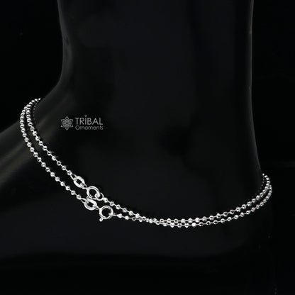 Sterling silver 2mm beaded ball chain anklet from Tribal Ornaments, lightweight and delicate silver jewelry for belly dance or casual wear.