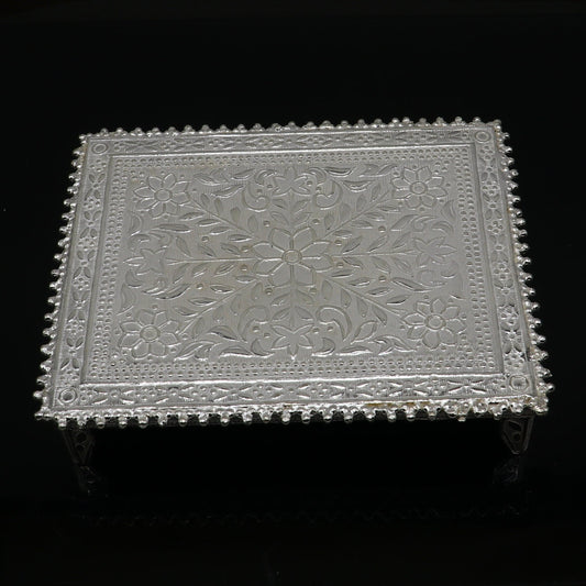 3.5"x4.5" Vintage design Sterling silver handmade customize small rectangle shape table/bazot/chouki, excellent home puja utensils su1265 - TRIBAL ORNAMENTS