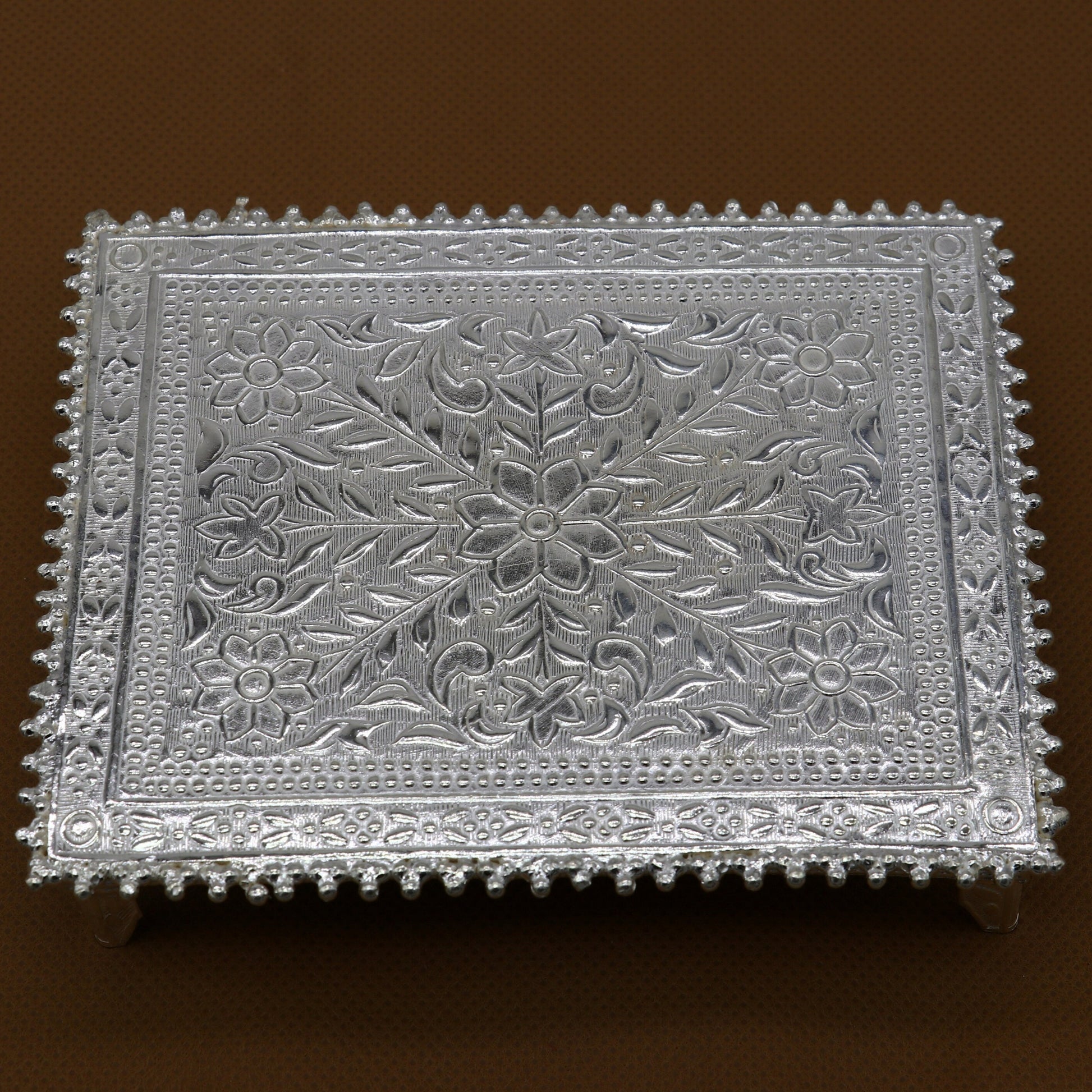 3.5"x4.5" Vintage design Sterling silver handmade customize small rectangle shape table/bazot/chouki, excellent home puja utensils su1265 - TRIBAL ORNAMENTS