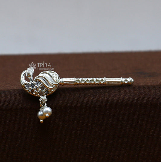 925 sterling silver Krishna flute with peacock design, handcrafted bansuri featuring Laddu Gopala idol and intricate details.