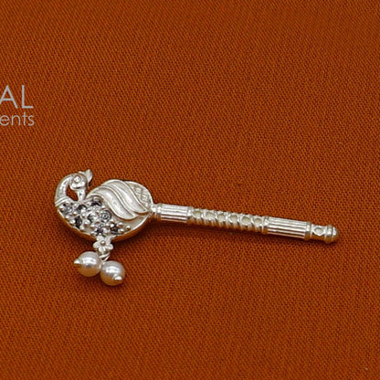 Handmade 3.5cm sterling silver Krishna flute with peacock design, featuring Lord Krishna idol, traditional bansuri style.