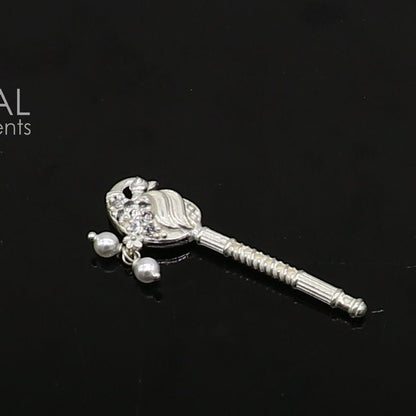 Handmade 3.5cm sterling silver Krishna flute with peacock design, featuring Laddu Gopala and Gopala idol, crafted by TRIBAL ORNAMENTS.