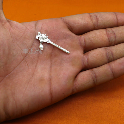 Handmade 3.5cm sterling silver Krishna flute with peacock design, featuring idol Gopala and laddu motifs, crafted by Tribal Ornaments.