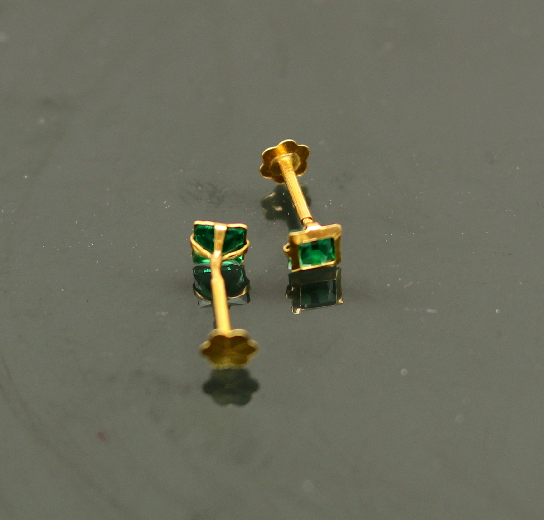 3.5mm tiny single Green stone handmade 18kt yellow gold combo jewelry we can use as stud or nose stud , baby stud cartilage jewelry er110 - TRIBAL ORNAMENTS
