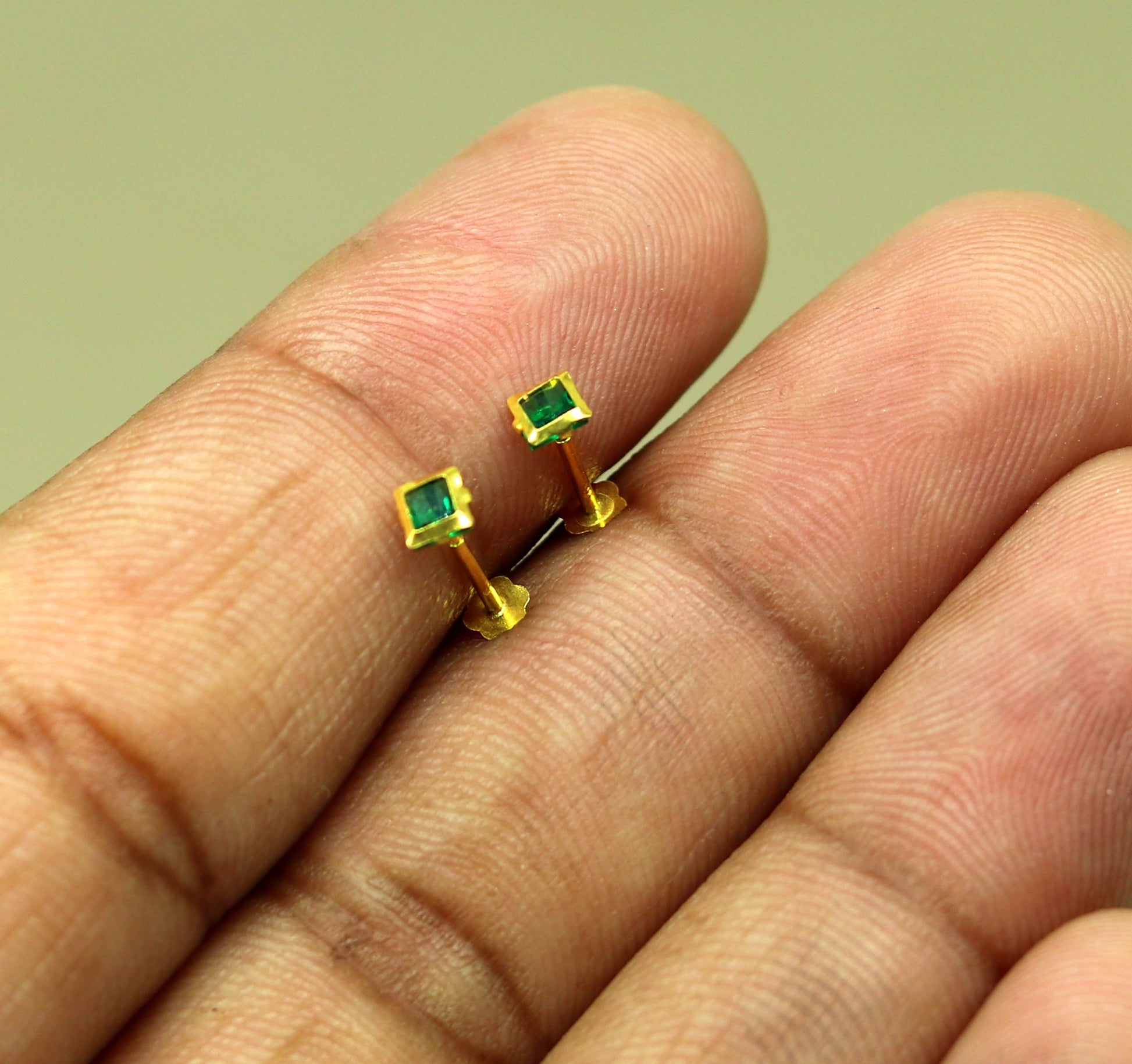 3.5mm tiny single Green stone handmade 18kt yellow gold combo jewelry we can use as stud or nose stud , baby stud cartilage jewelry er110 - TRIBAL ORNAMENTS