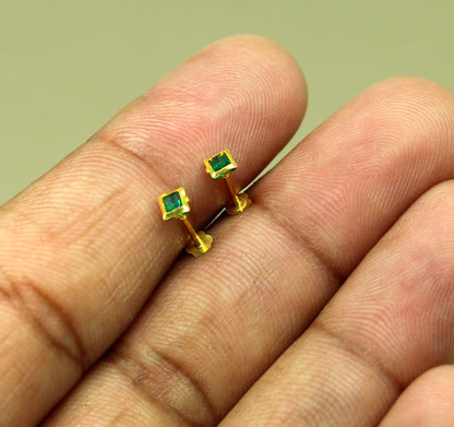 3.5mm tiny single Green stone handmade 18kt yellow gold combo jewelry we can use as stud or nose stud , baby stud cartilage jewelry er110 - TRIBAL ORNAMENTS