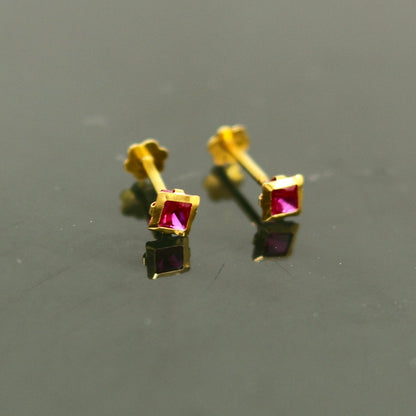3.5mm tiny single red stone handmade 18kt yellow gold combo jewelry we can use as stud or nose stud , baby stud cartilage jewelry er109 - TRIBAL ORNAMENTS