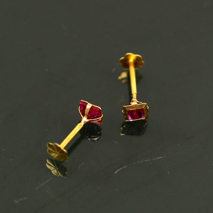 3.5mm tiny single red stone handmade 18kt yellow gold combo jewelry we can use as stud or nose stud , baby stud cartilage jewelry er109 - TRIBAL ORNAMENTS