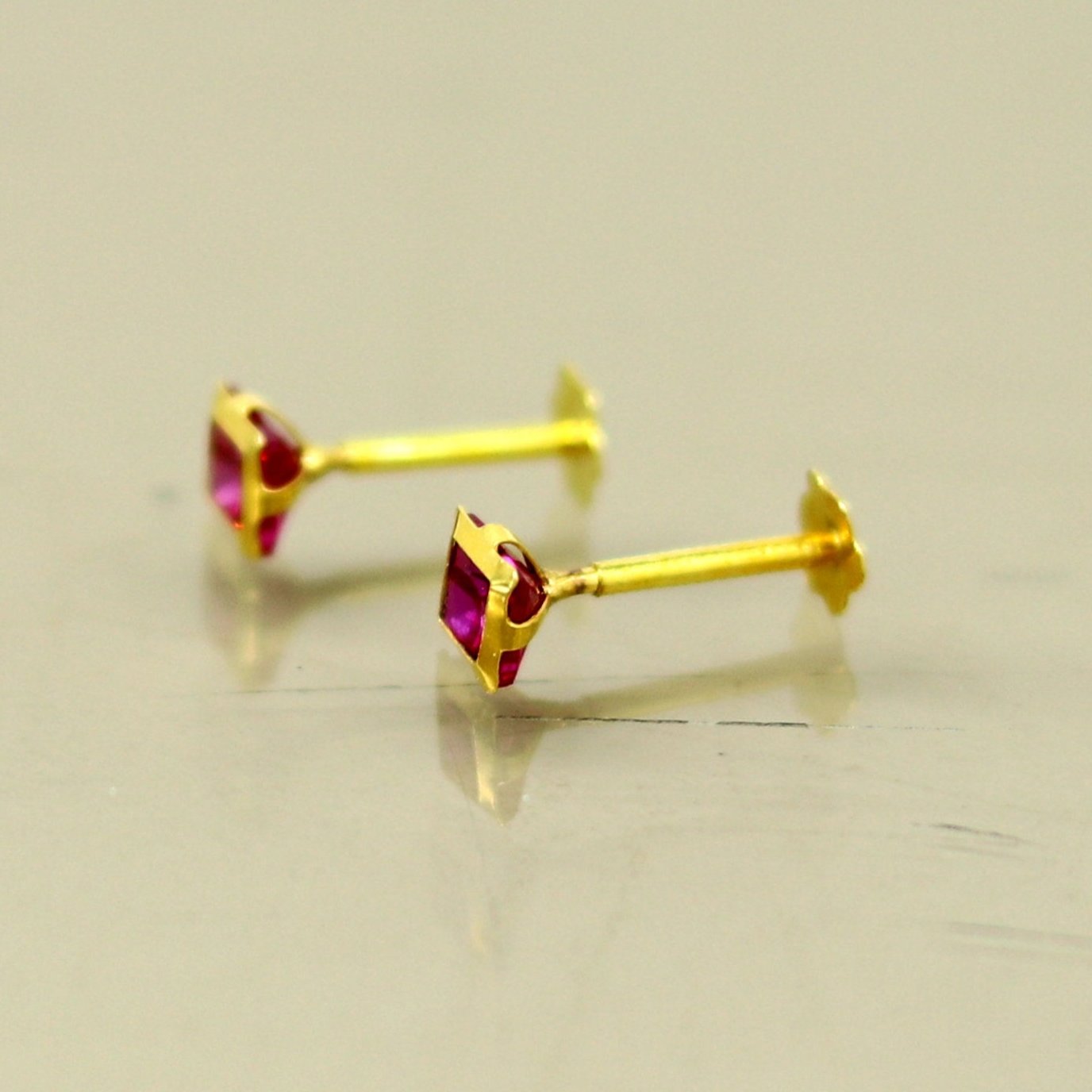 3.5mm tiny single red stone handmade 18kt yellow gold combo jewelry we can use as stud or nose stud , baby stud cartilage jewelry er109 - TRIBAL ORNAMENTS