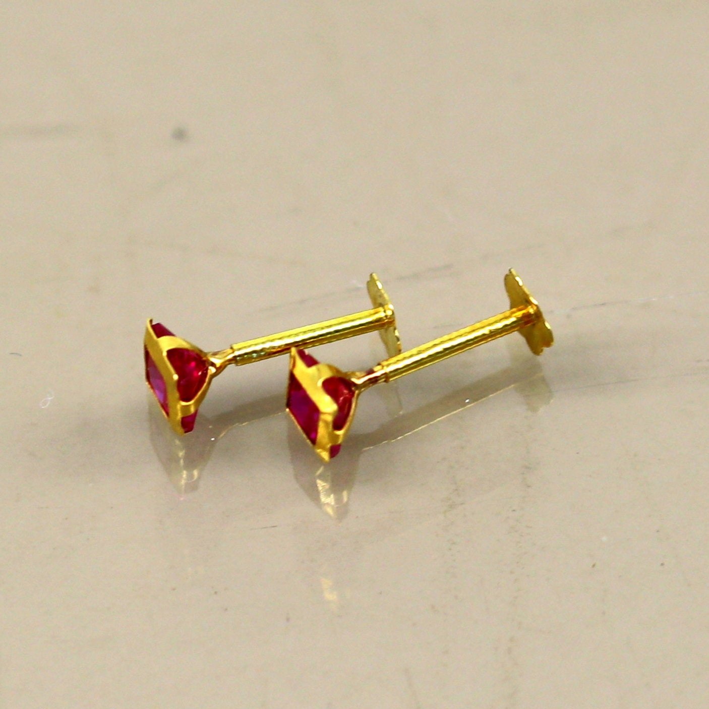 3.5mm tiny single red stone handmade 18kt yellow gold combo jewelry we can use as stud or nose stud , baby stud cartilage jewelry er109 - TRIBAL ORNAMENTS