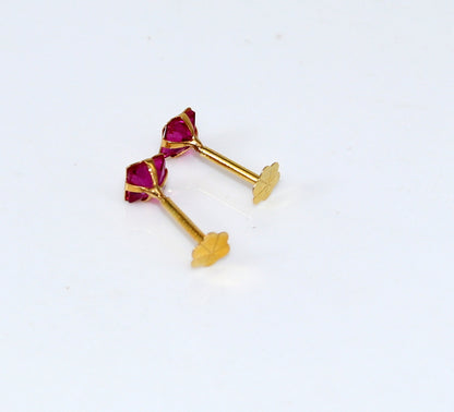 3.5mm tiny single red stone handmade 18kt yellow gold combo jewelry we can use as stud or nose stud , baby stud cartilage jewelry er109 - TRIBAL ORNAMENTS