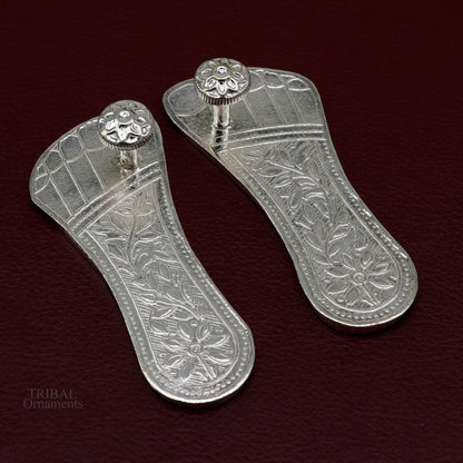 3" Solid sterling silver handmade Charan paduka or slippers for idol krishna, laddu gopala, little krishna or Vshnu Narayana puja art su637 - TRIBAL ORNAMENTS