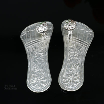 3" Solid sterling silver handmade Charan paduka or slippers for idol krishna, laddu gopala, little krishna or Vshnu Narayana puja art su637 - TRIBAL ORNAMENTS