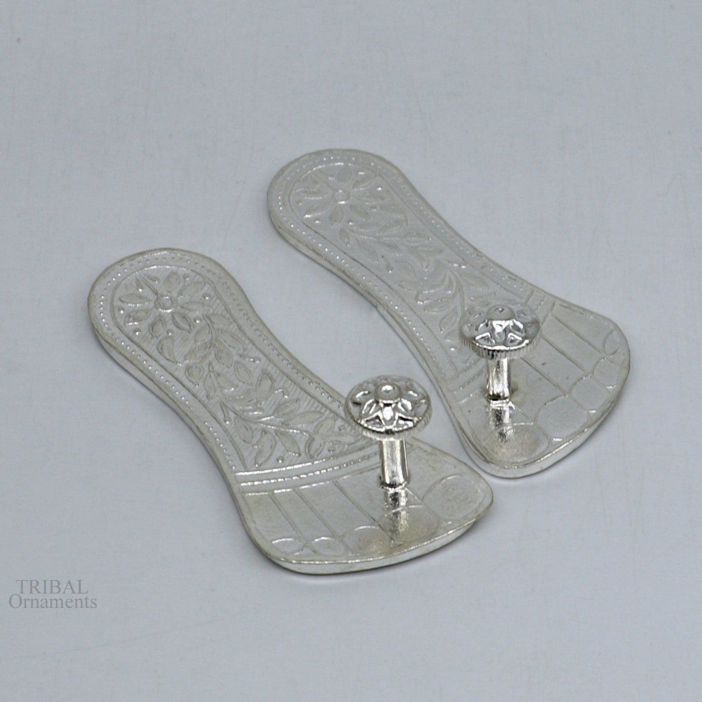 3" Solid sterling silver handmade Charan paduka or slippers for idol krishna, laddu gopala, little krishna or Vshnu Narayana puja art su637 - TRIBAL ORNAMENTS