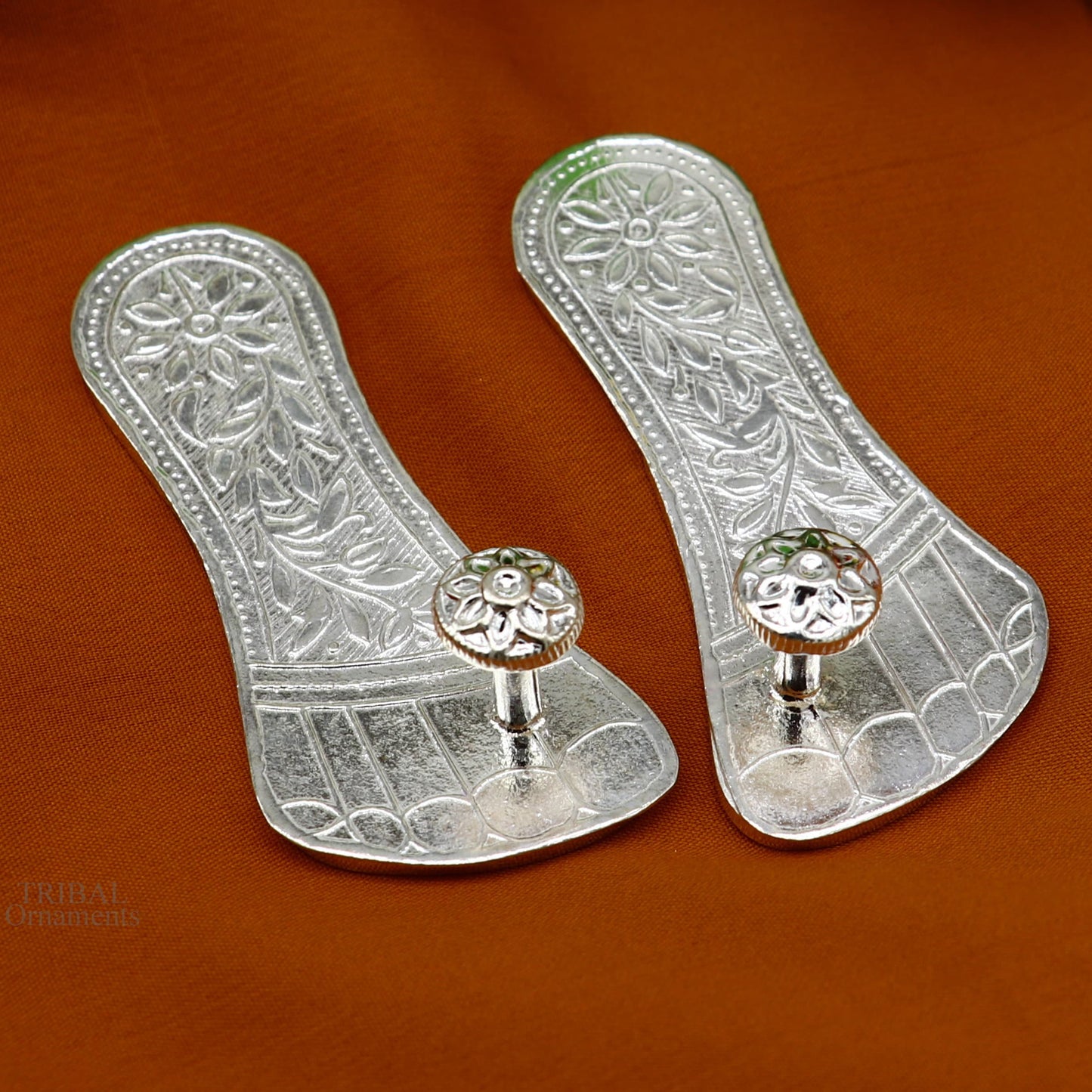3" Solid sterling silver handmade Charan paduka or slippers for idol krishna, laddu gopala, little krishna or Vshnu Narayana puja art su637 - TRIBAL ORNAMENTS