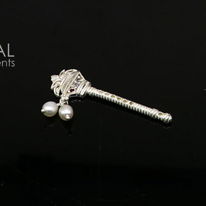 Handmade 3cm sterling silver Krishna flute with kalash design, featuring laddu Gopala and bansuri style, crafted by Tribal Ornaments.