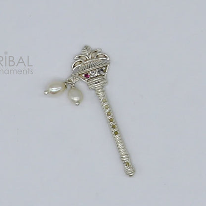 Handmade 3cm sterling silver Krishna flute with kalash design, featuring idol Gopala and laddu Gopala motifs, crafted by TRIBAL ORNAMENTS.