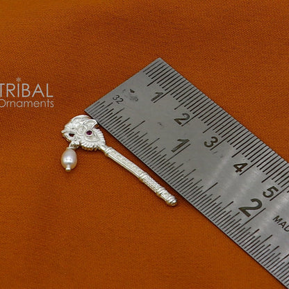 Handmade 3cm sterling silver Krishna flute with peacock design, featuring idol imagery and traditional bansuri style.