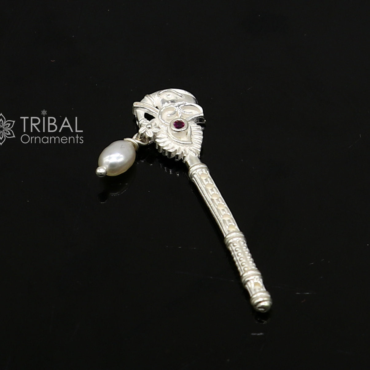 3.cm" Flute divine 925 sterling silver handmade peacock design idol Krishna flute, silver bansuri, laddu Gopala flute, Krishna flute su1258 - TRIBAL ORNAMENTS