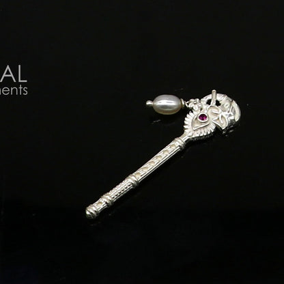 Handmade 3cm sterling silver Krishna flute with peacock design, featuring idol and laddu Gopala motifs, crafted by Tribal Ornaments.