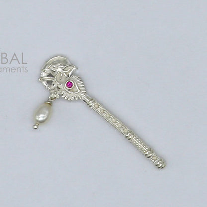 Handmade 3cm sterling silver Krishna flute with peacock design, featuring Laddu Gopala and Gopala idol, crafted by Tribal Ornaments.