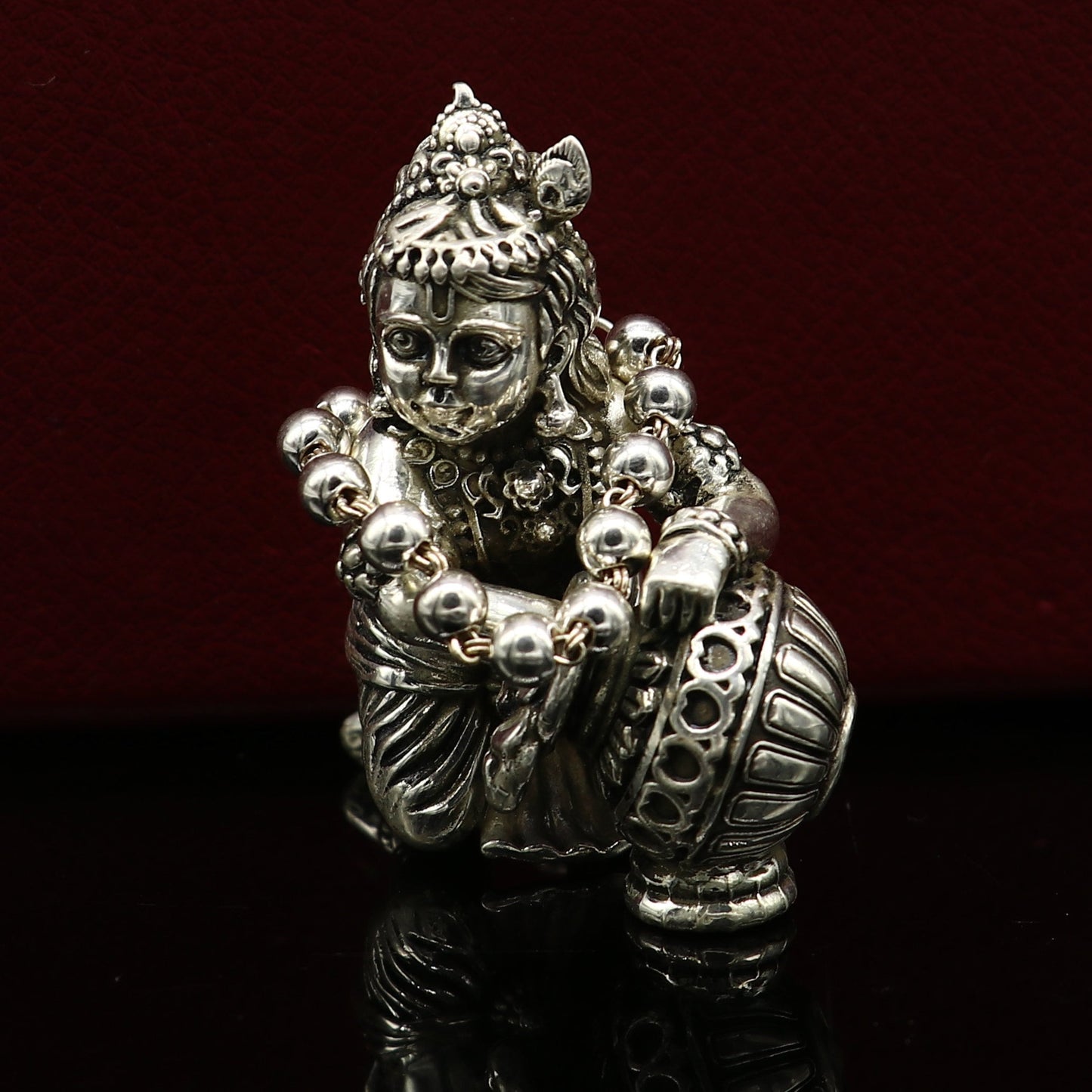 3" inches long handmade sterling silver beaded bracelet or necklace for baby krishna figurine or sculpture, best puja necklace sbr225 - TRIBAL ORNAMENTS