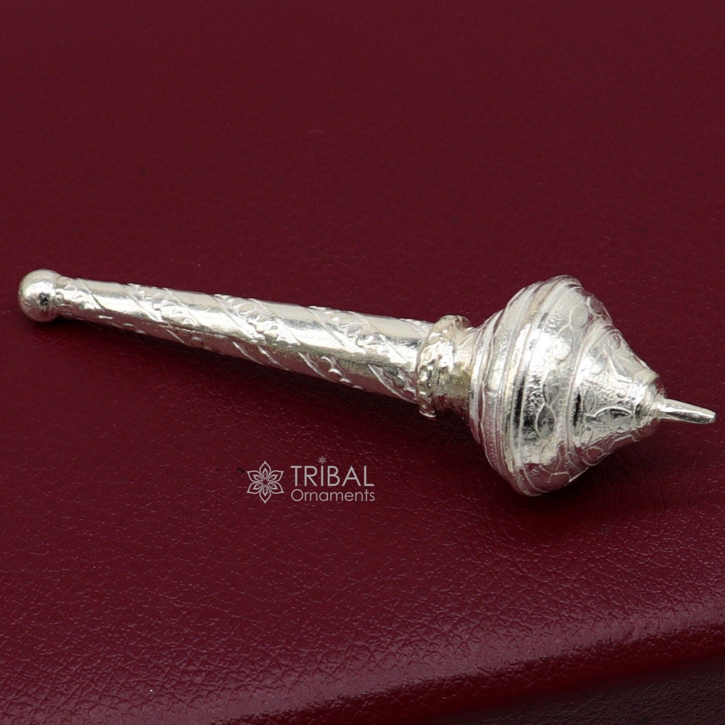Sterling silver handmade vintage Lord Hanuman Gada mace, detailed design, ideal for Hanuman idols and puja offerings.