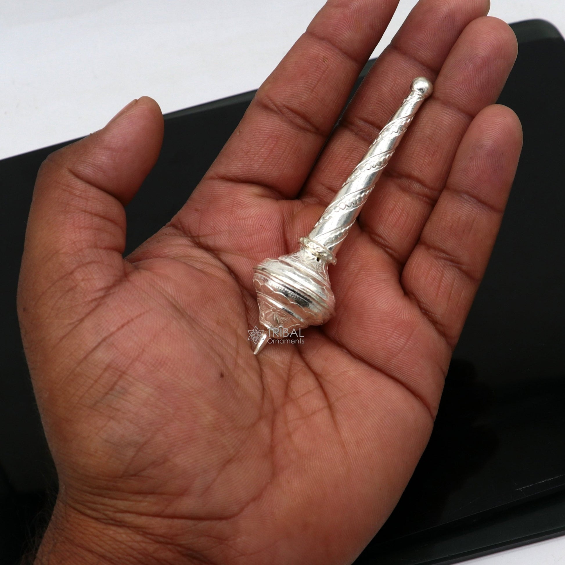 Sterling silver handmade vintage Hanuman Gada mace, detailed design, ideal for idol worship and divine puja rituals.