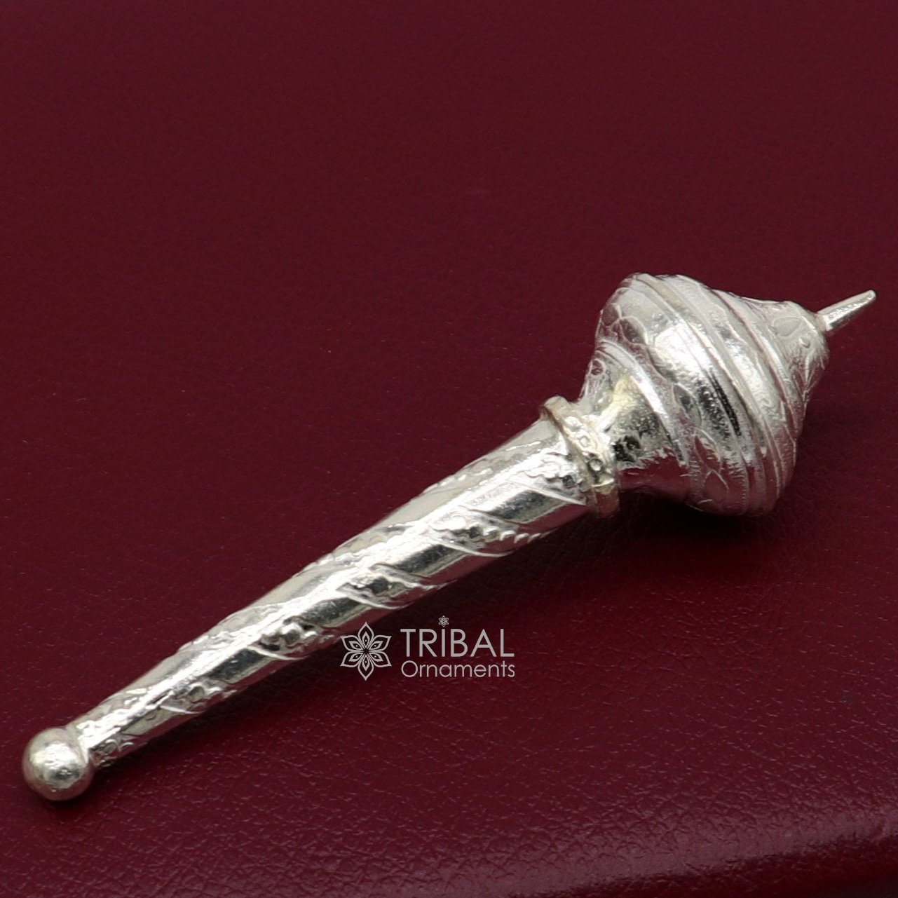 Sterling silver vintage-style Lord Hanuman Gada mace, handmade tribal ornament for idol worship and puja rituals.