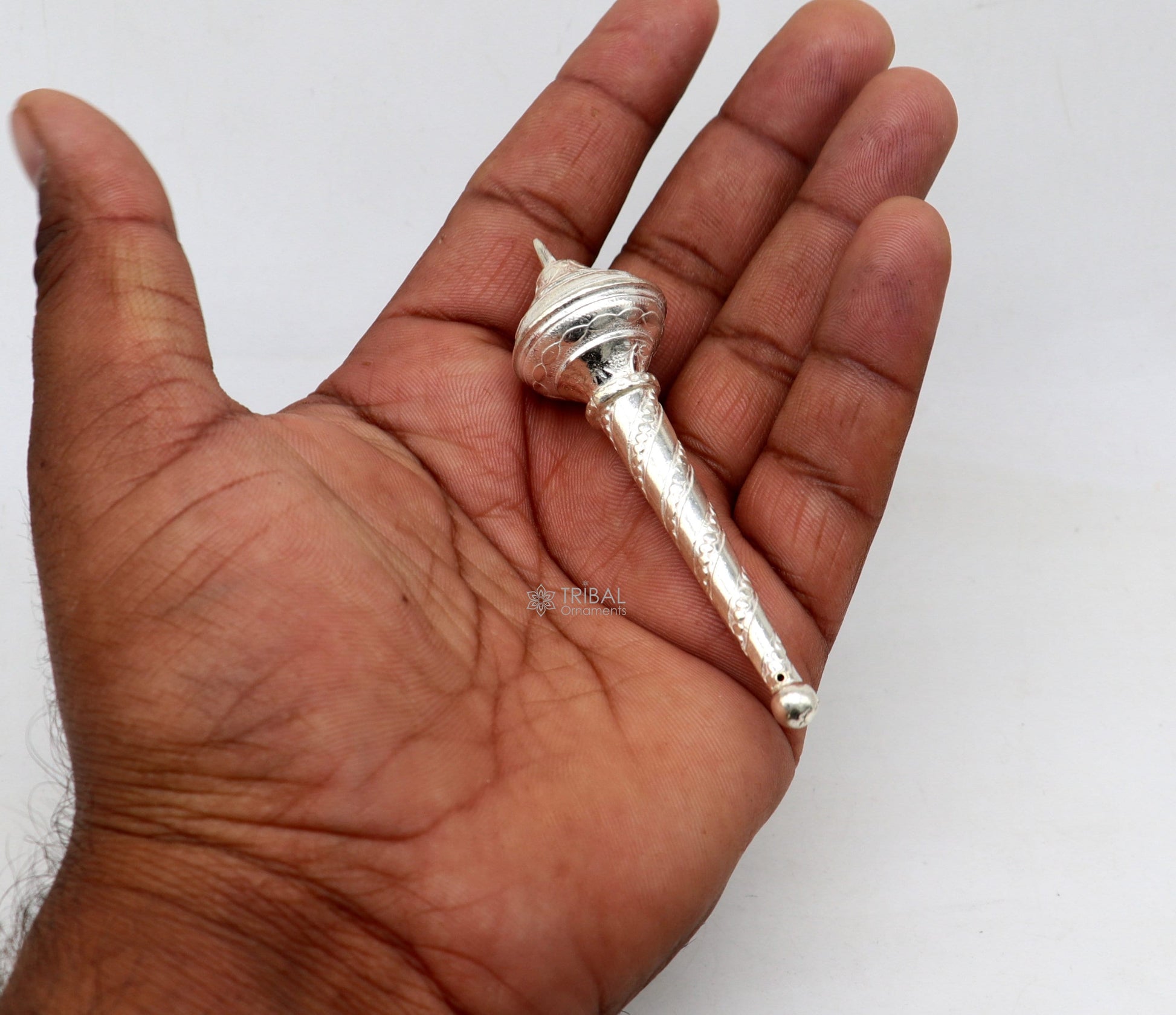 Sterling silver Hanuman Gada mace pendant in vintage style, handcrafted by TRIBAL ORNAMENTS, ideal for idol worship and puja offerings.