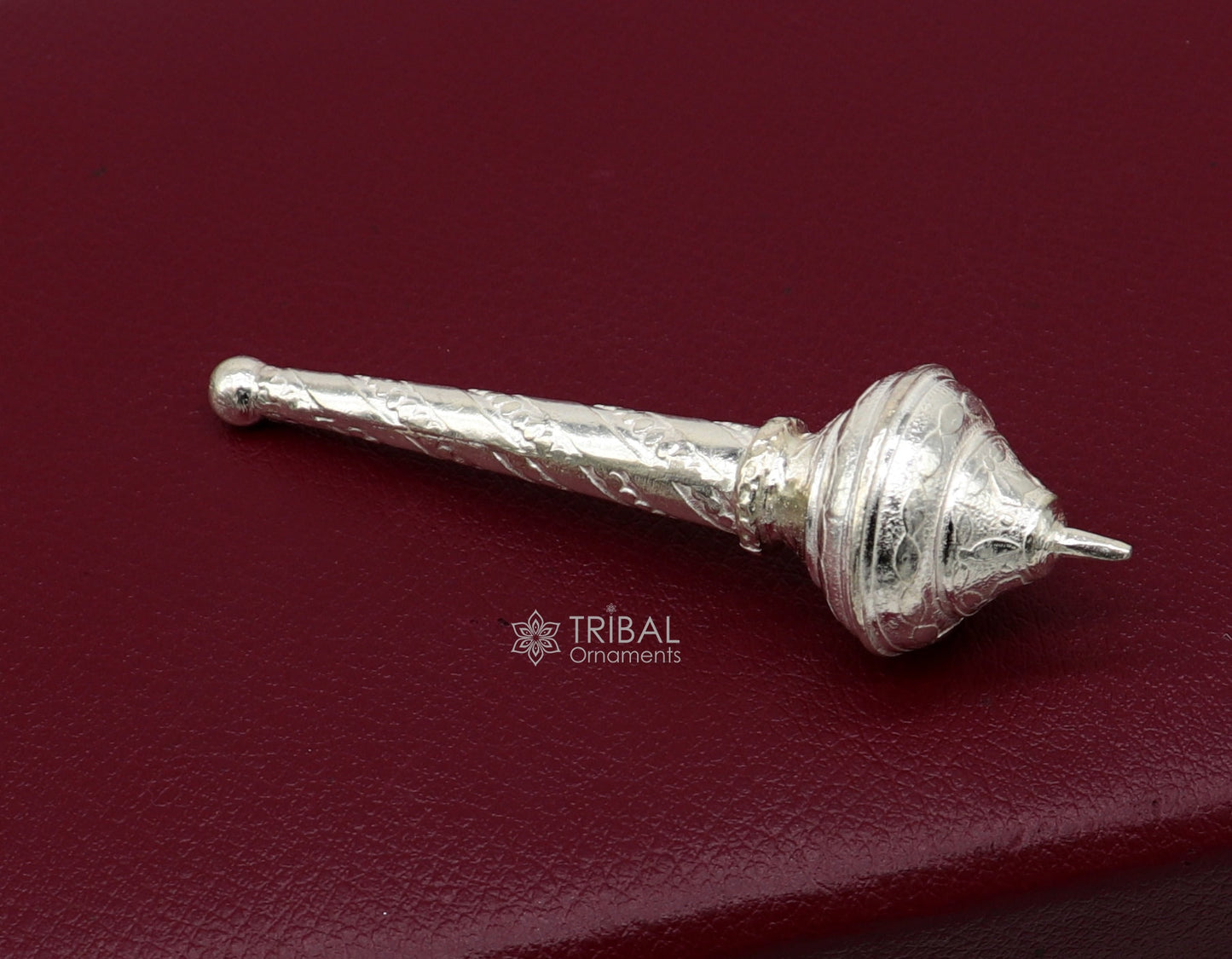 Sterling silver handmade vintage Hanuman Gada mace, detailed design, ideal for idol worship and puja ceremonies.