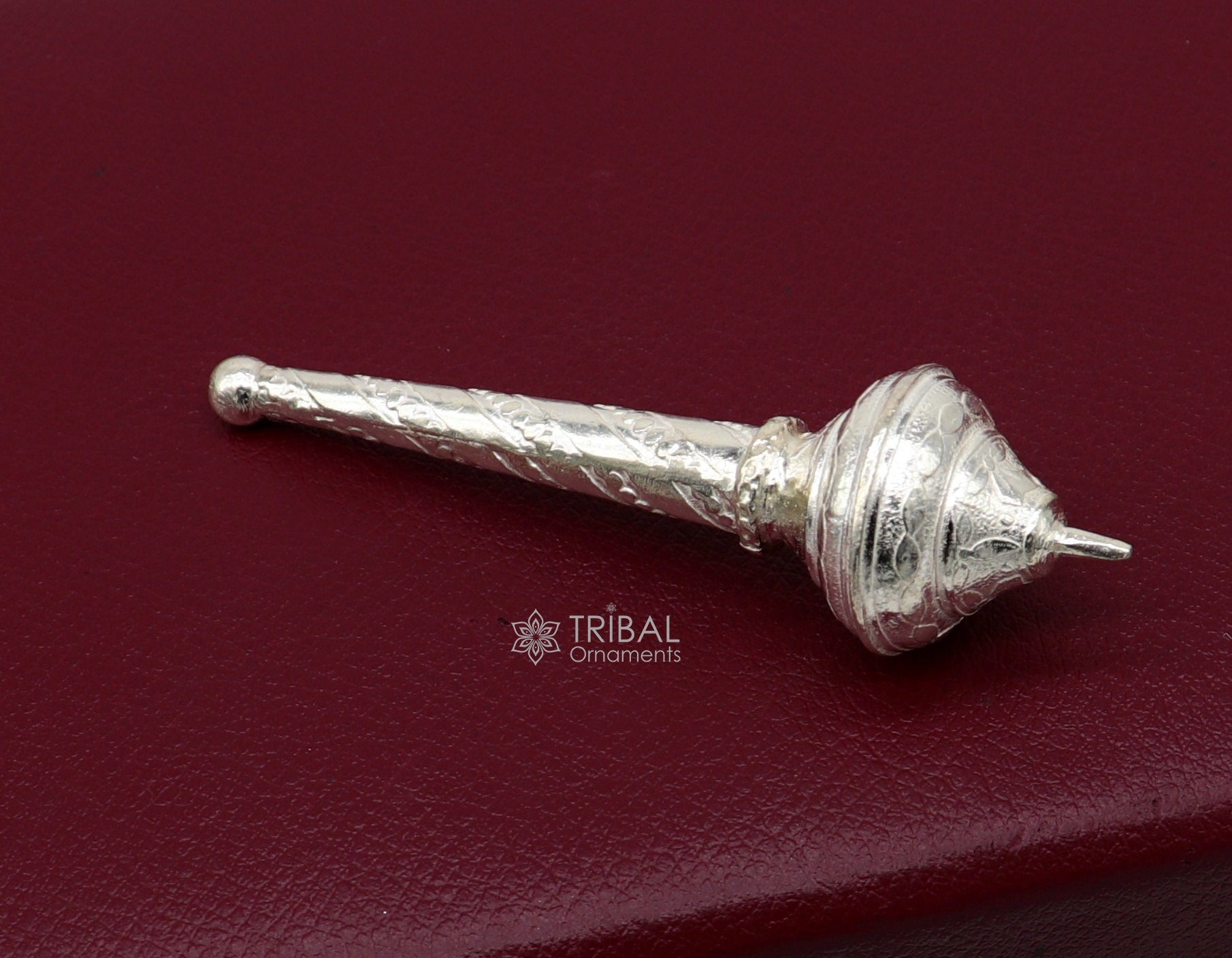 Sterling silver handmade vintage Hanuman Gada mace, detailed design, ideal for idol worship and puja ceremonies.