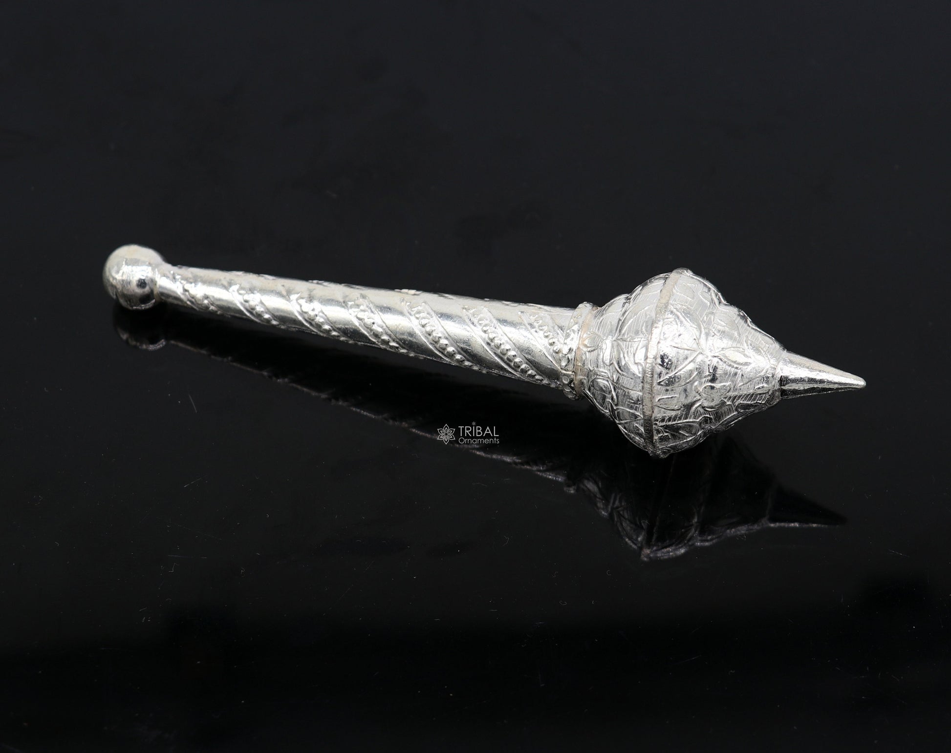 Sterling silver vintage-style Lord Hanuman Gada (mace) pendant, handcrafted with intricate detailing, perfect for Hanuman idols and puja.