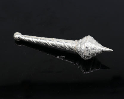 Sterling silver vintage-style Lord Hanuman Gada (mace) pendant, handcrafted with intricate detailing, perfect for Hanuman idols and puja.
