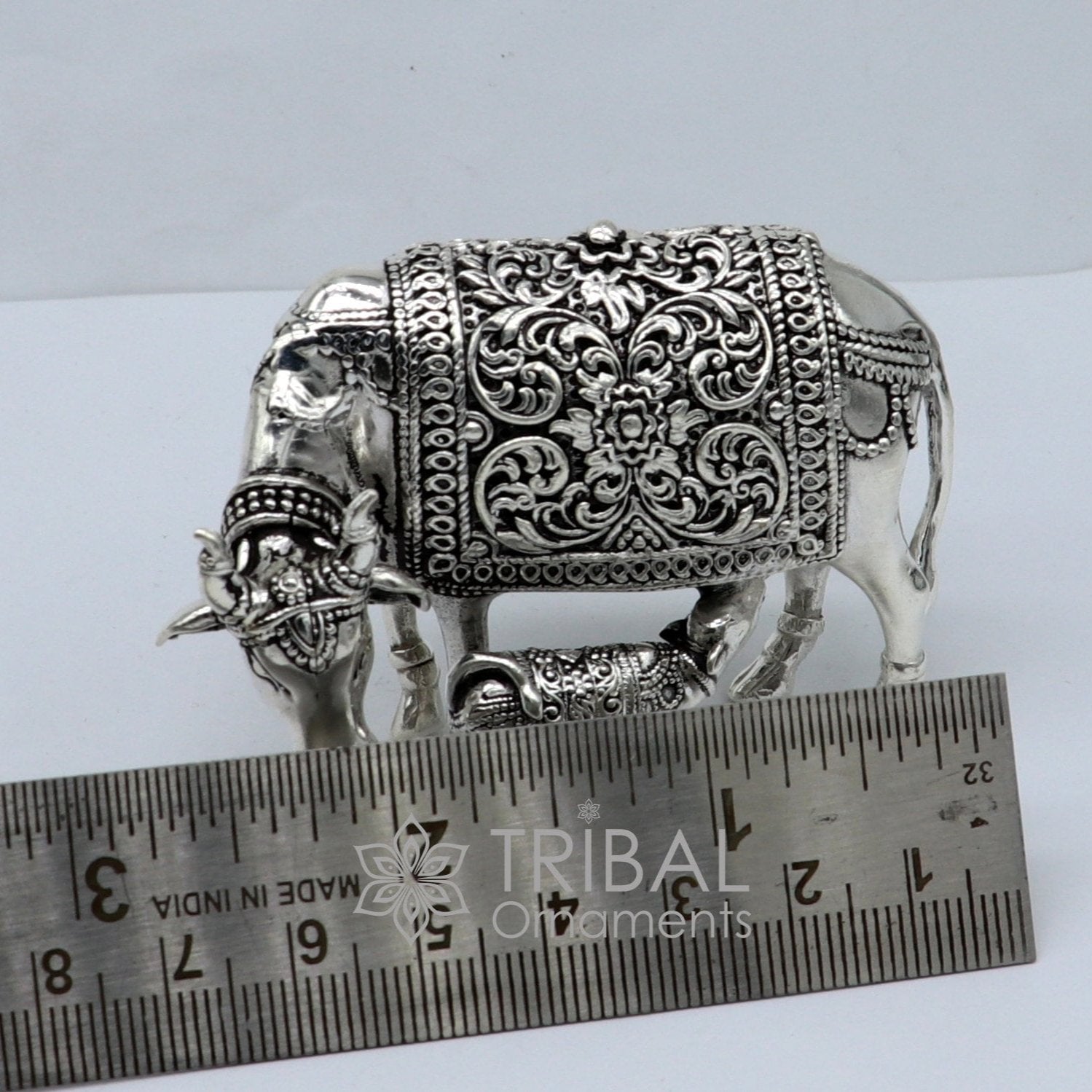 3" x 2" cow 925 sterling silver Kamdhenu cow, deity's cow, wishing cow, silver worshipping article for wealth and prosperity art631 - TRIBAL ORNAMENTS