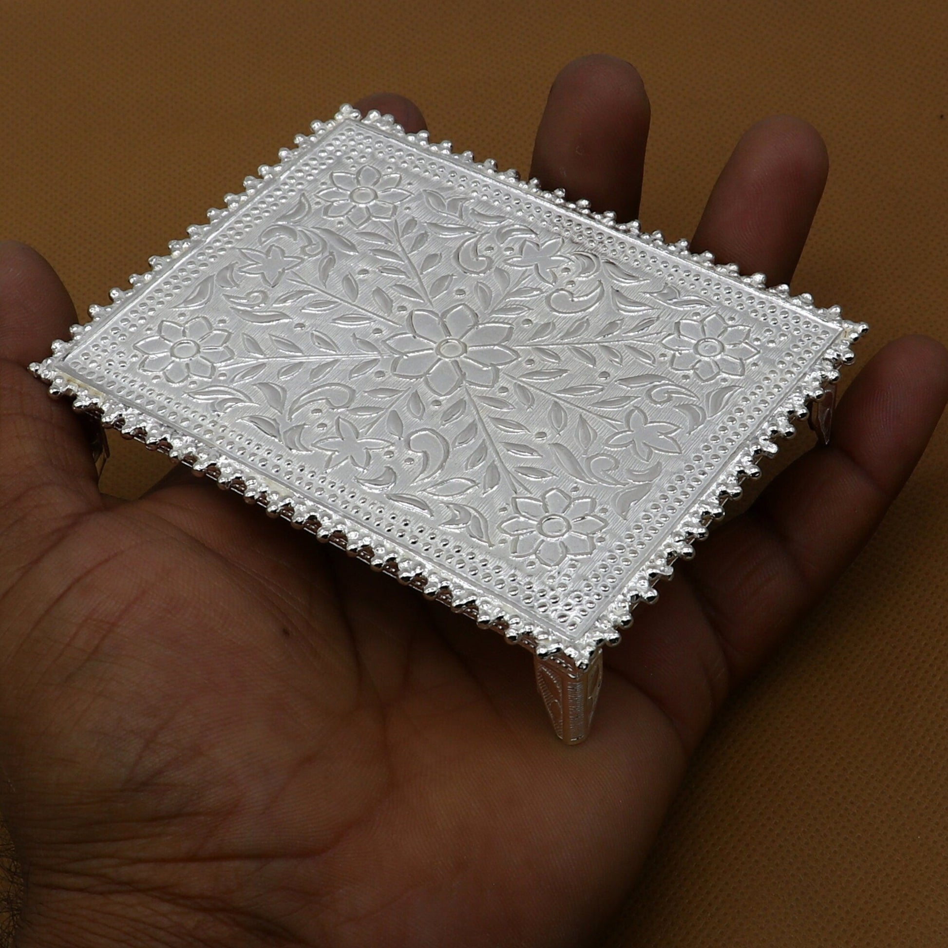 3"x4" Vintage design Sterling silver handmade customize small rectangle shape table/bazot/chouki, excellent home puja utensils  su1264 - TRIBAL ORNAMENTS