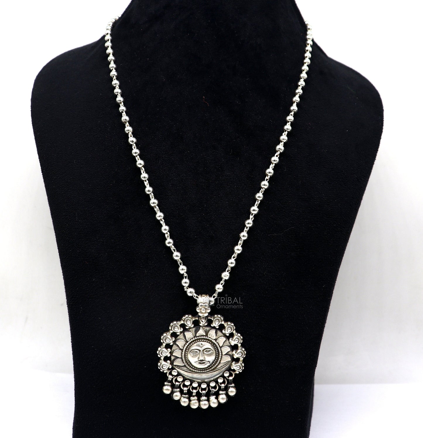 30" 4 mm Beaded chain with amazing sun face pendant 925 sterling silver handmade charm necklace with fabulous hanging drops jewelry set628 - TRIBAL ORNAMENTS