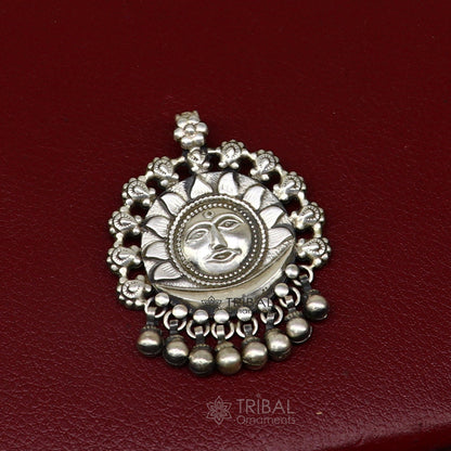 Sterling silver 30-inch beaded chain necklace with sun face pendant and hanging drops, handmade tribal jewelry by TRIBAL ORNAMENTS