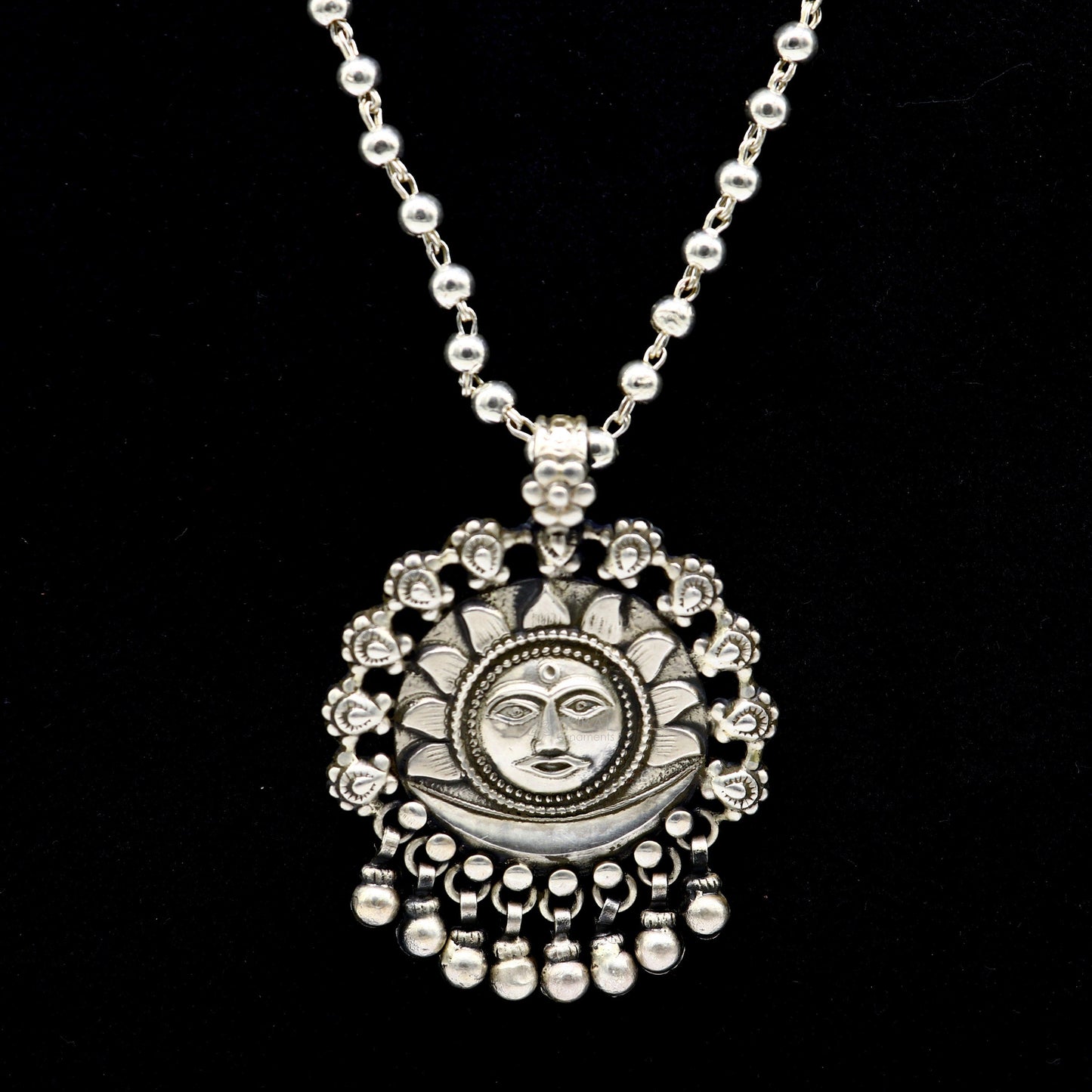 30" 4 mm Beaded chain with amazing sun face pendant 925 sterling silver handmade charm necklace with fabulous hanging drops jewelry set628 - TRIBAL ORNAMENTS