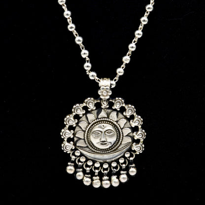 Sterling silver handmade necklace with 30-inch beaded chain, sun face pendant, and hanging drops, by TRIBAL ORNAMENTS.