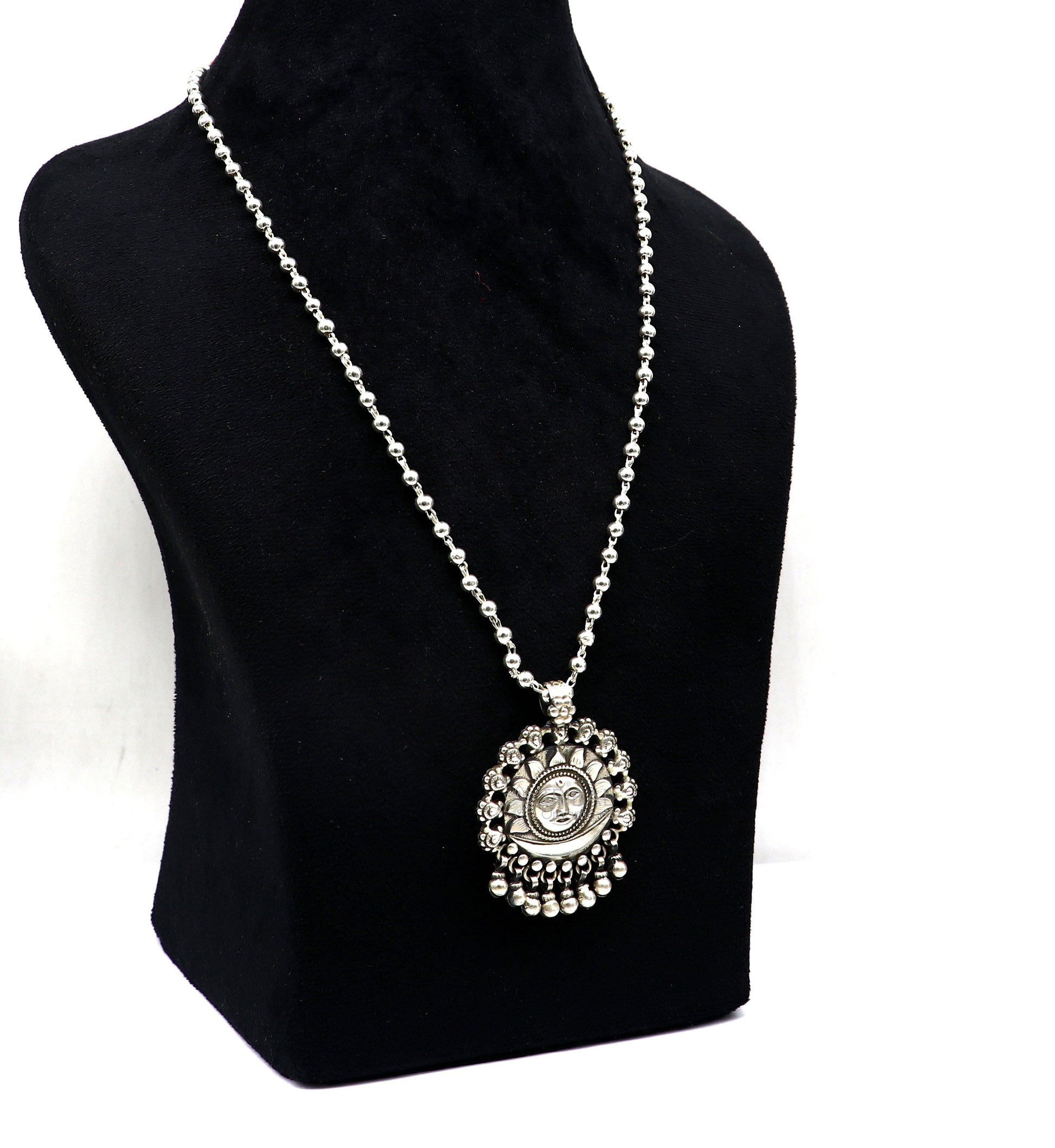 30" 4 mm Beaded chain with amazing sun face pendant 925 sterling silver handmade charm necklace with fabulous hanging drops jewelry set628 - TRIBAL ORNAMENTS