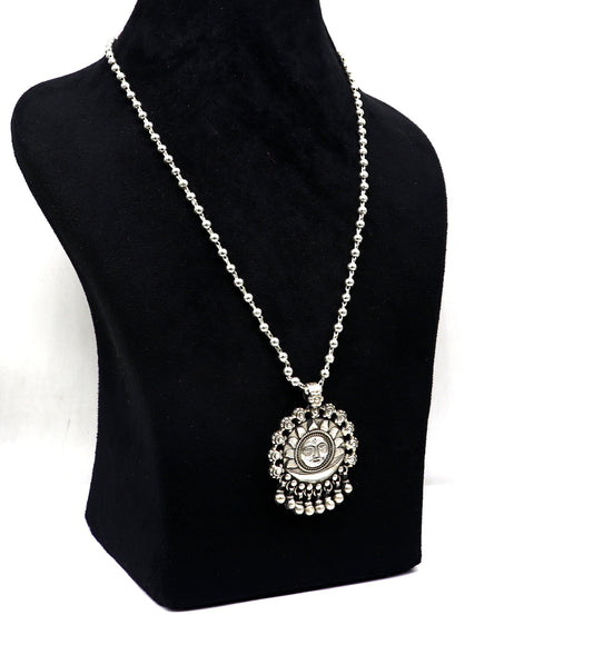 Sterling silver 30-inch beaded chain necklace with sun face pendant and hanging drops, handmade jewelry by Tribal Ornaments.