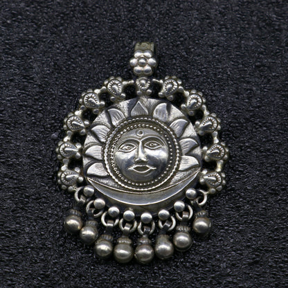 Sterling silver 30-inch beaded chain necklace with sun face pendant and hanging drops, handmade tribal jewelry by TRIBAL ORNAMENTS